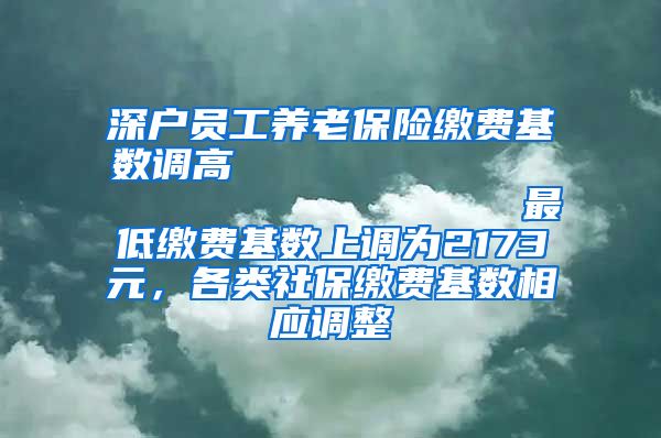 深户员工养老保险缴费基数调高                            最低缴费基数上调为2173元，各类社保缴费基数相应调整