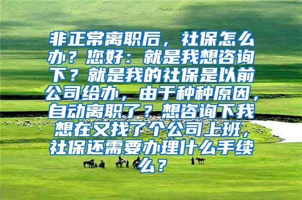 非正常离职后，社保怎么办？您好：就是我想咨询下？就是我的社保是以前公司给办，由于种种原因，自动离职了？想咨询下我想在又找了个公司上班，社保还需要办理什么手续么？