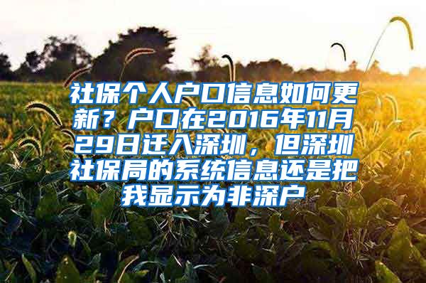 社保个人户口信息如何更新？户口在2016年11月29日迁入深圳，但深圳社保局的系统信息还是把我显示为非深户